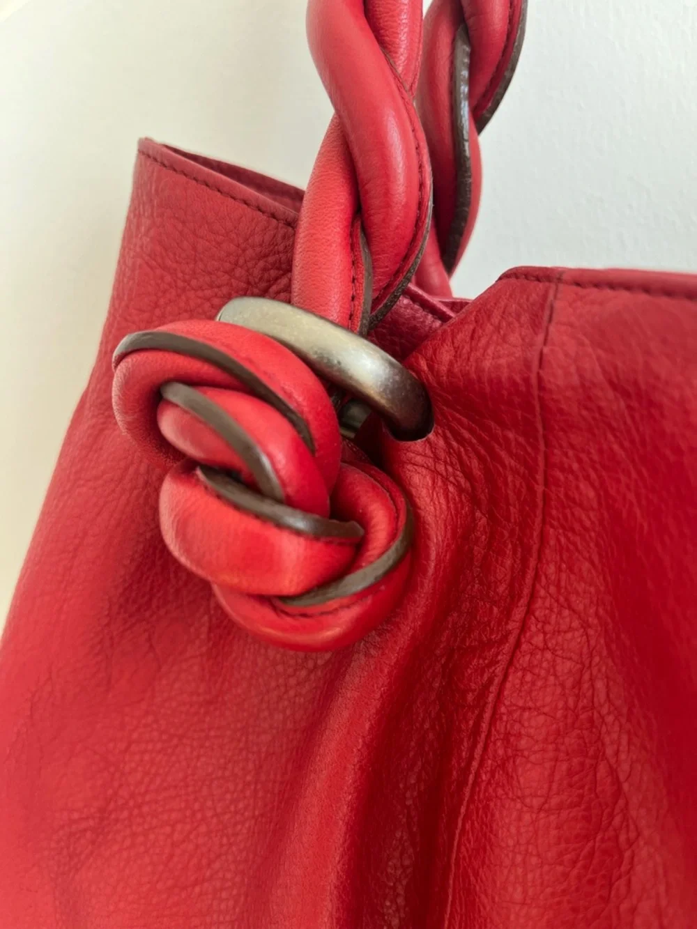 Lupo Barcelona Red Leather Braided Handle Hobo Shoulder Bag + Matching Zip Pouch